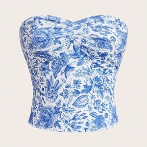 SHEIN Blue Floral Strapless Crop Top